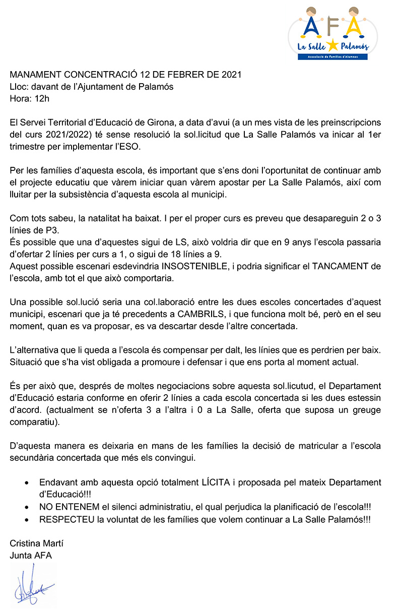 Manifest que s'ha llegit avui per part de l'AFA de l'Escola La Salle Palamós.