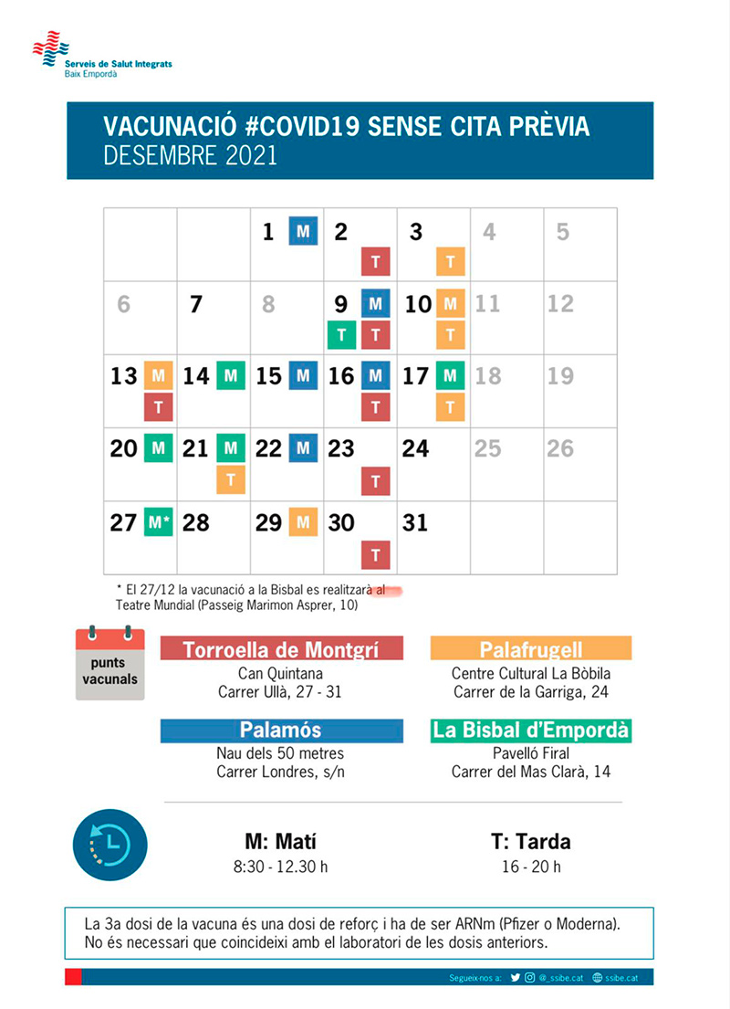 Calendari de vacunació al Baix Empordà pel mes de desembre. (Font: SSIBE).