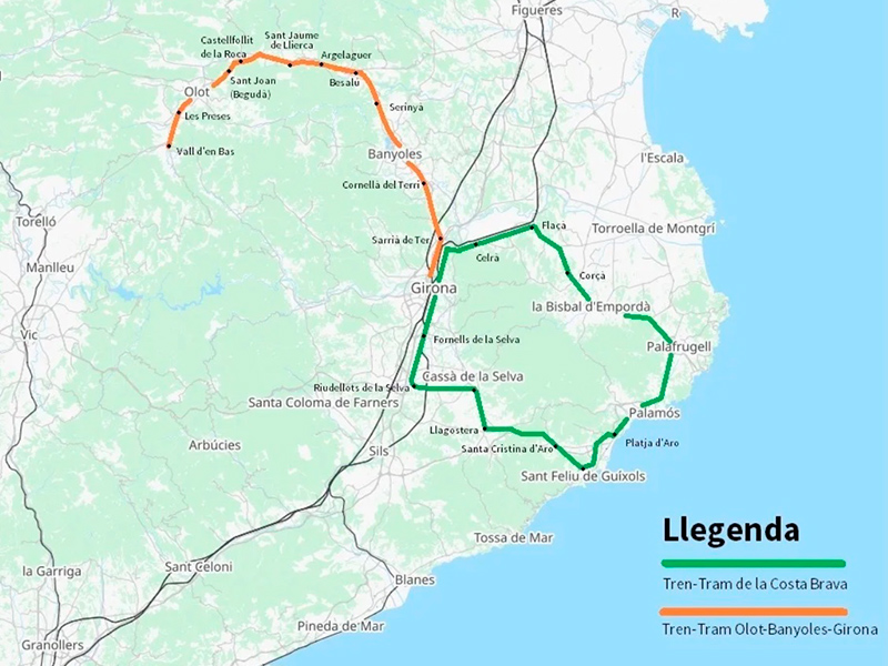 Proposta del recorregut del tren-tram. (Font: Tren-Tram Olot-Banyoles-Girona).
