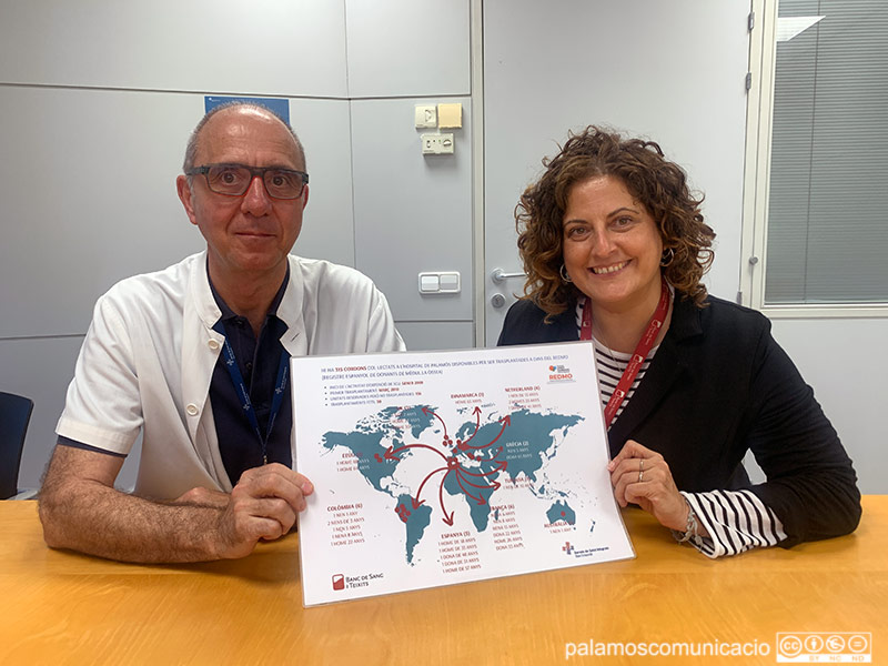 El Dr. Chema Marqueta i la Dra. Elisenda Farssac, amb el mapa que indica els països on s'han rebuts les donacions fetes des de Palamós.