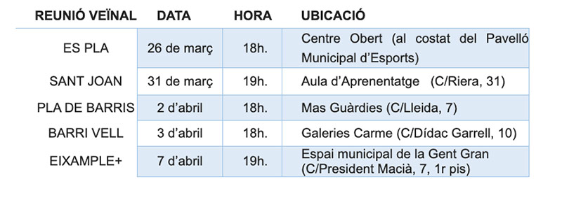 Calendari de reunions veïnals. (Font: Ajuntament de Palamós).