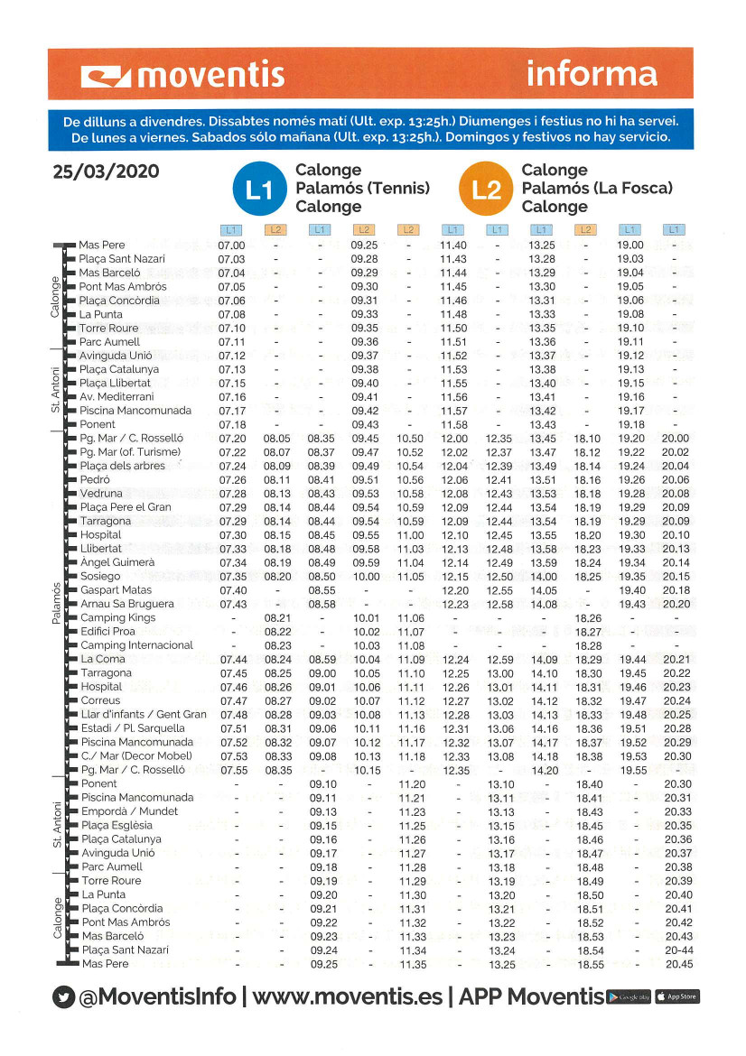 Nous horaris de la línia de bus urbà entre Palamós i Calonge i Sant Antoni.