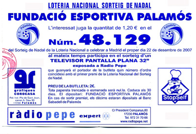 Butlleta de loteria de nadal de la FE Palamós amb el número erroni.