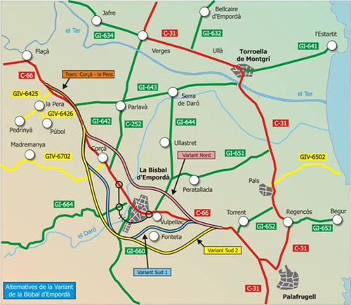 Esquema amb les tres alternatives a la variant de La Bisbal.
