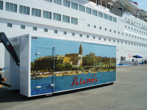 El contenidor, aquest matí, al costat del Thomson Destiny.