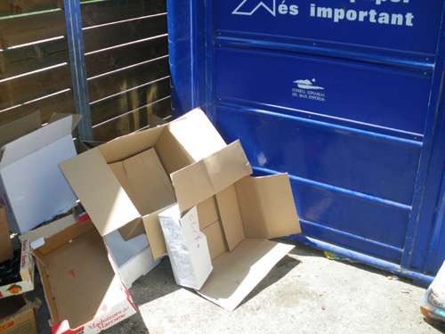 Caixes al costat d'un contenidor de paper, avui.