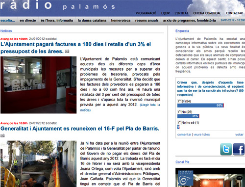 El web de l'emissora municipal www.radiopalamos.cat.