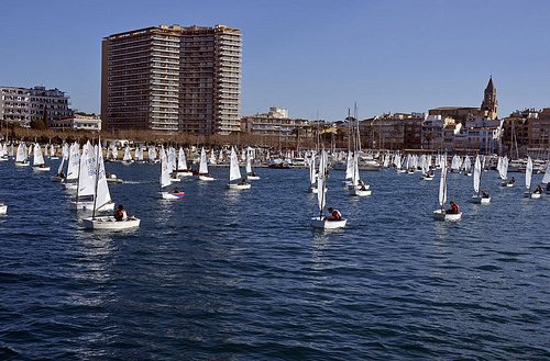 Vaixells de la classe Optimist a la badia de Palamós. (Foto: Alfred Farré).