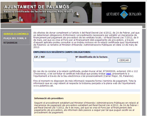 Plana d'atenció als proveïdors en el web de l'Ajuntament de Palamós.