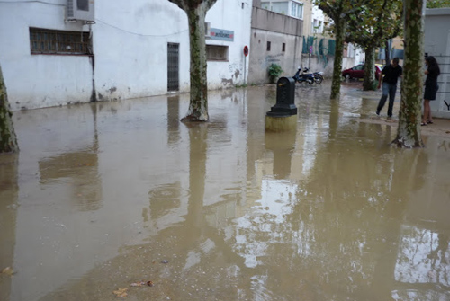 Acumulació d'aigua a la zona de l'Arbreda, ahir a la tarda.