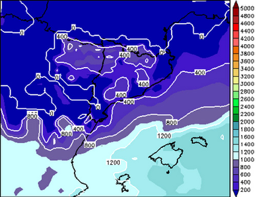 Mapa de cotes de neu previst per a demà dissabte.