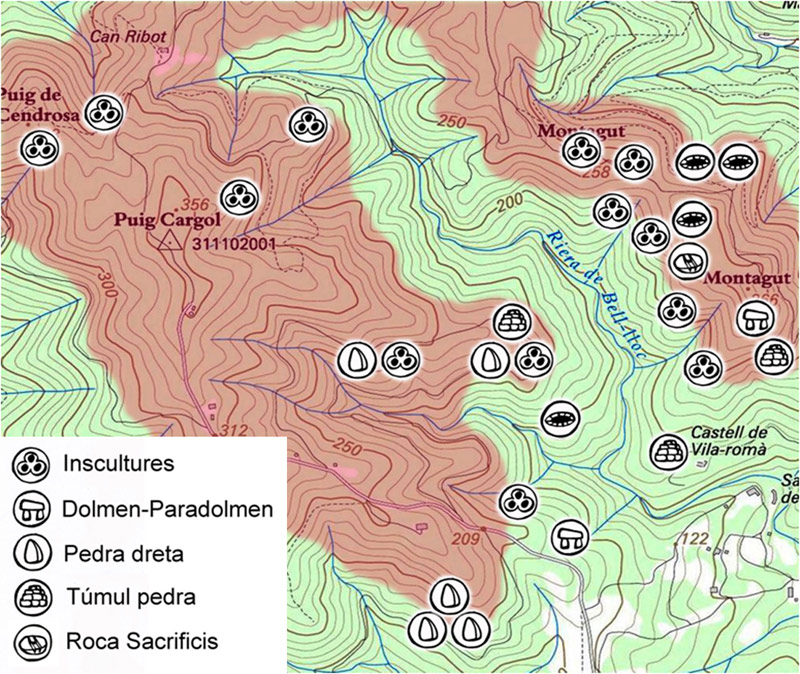 Mapa topogràfic amb els jaciments descoberts després de l'incendi de 2014. Font: Revista del Baix Empordà