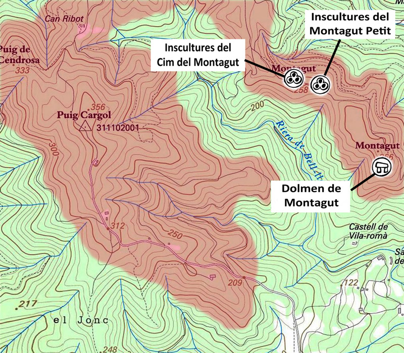 Mapa topogràfic amb els jaciments arqueològics identificats abans de l'incendi