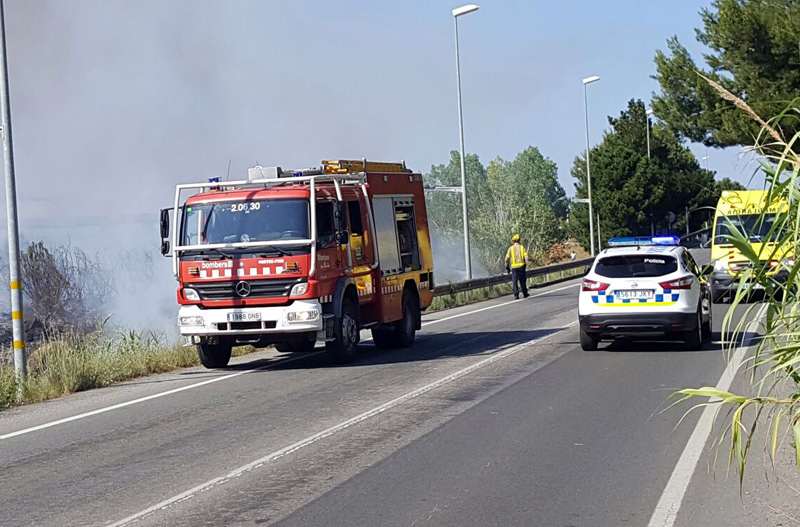 Els bombers treballant en l'extinció del foc, ahir a la tarda. (Foto: Alfons Bartolomé).