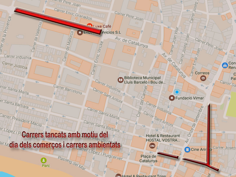 Plànol dels carrers tancats i ambientats pel dia del comerç del Carnaval.