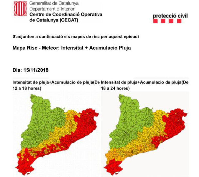 Activada l'alerta Inuncat per fortes pluges en el litoral i prelitoral de Catalunya.