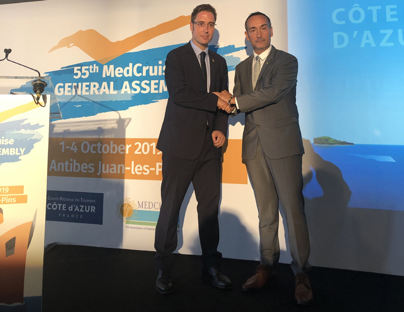 El gerent de Ports, Joan Pere Gómez, i el vicepresident del Patronat de Turisme, Jordi Masquef, a Antibes. (Foto: Ports de la Generalitat).