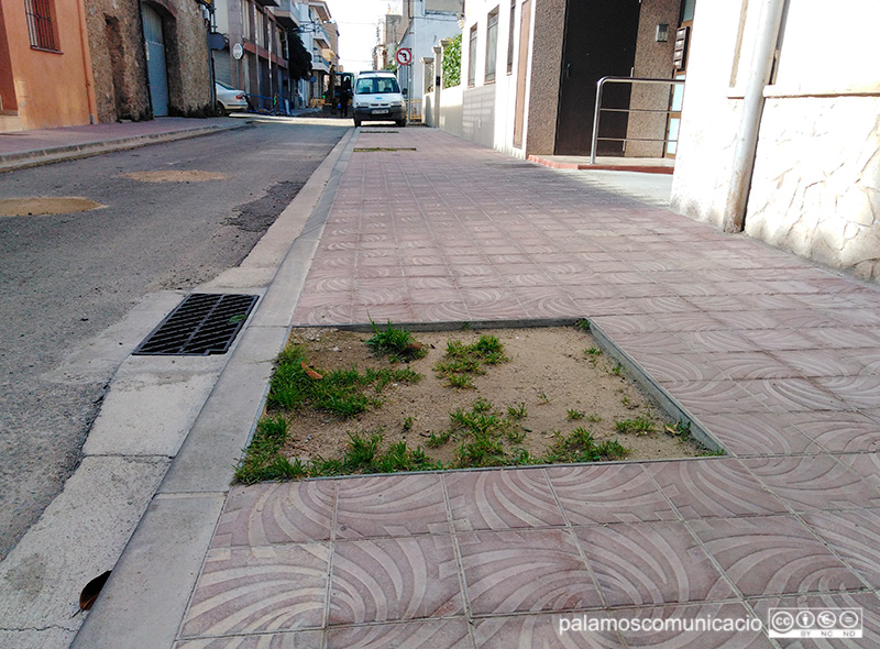 La vorera del carrer de Santa Bàrbara, amb el forat d'un escocell per plantar un arbre.