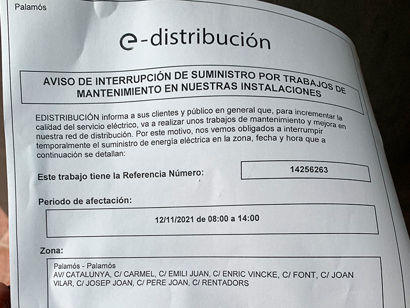 El tall de llum està programat entre les 8 del matí i les 2 de la tarda del divendres 12 de novembre.
