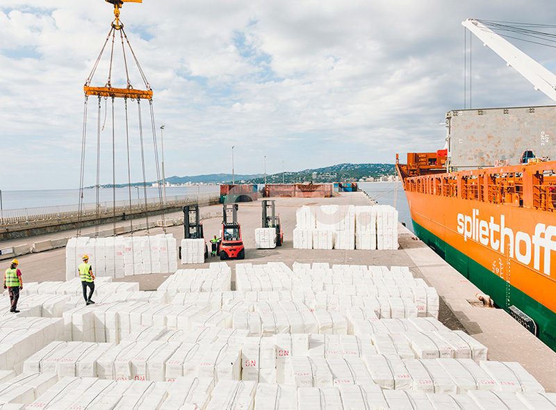 Descàrrega de pasta de paper al port de Palamós. (Foto: Ports de la Generalitat).