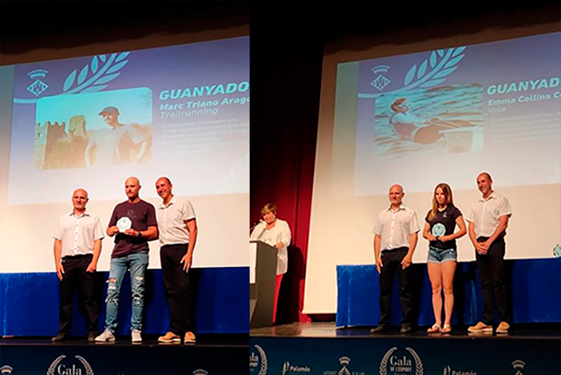 Fotomuntantge amb en Marc Triano i l'Emma Collins, millors esportistes de Palamós 2021. (Foto: Ajuntament de Palamós).