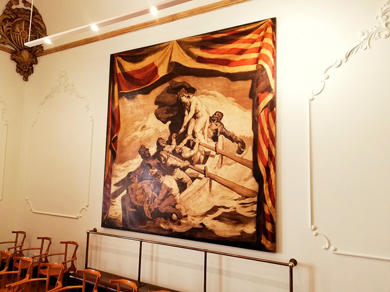 El quadre “La república dels pescadors” de J.M. Sert, a la Sala Noble de l'Ajuntament. (Foto: Ajuntament de Palamós).