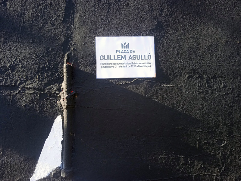 Placa en homenatge a Guillem Agulló a l'espai que ocupa l'aparcament de l'Arbreda. (Foto: CUP Palamós Vila-romà).