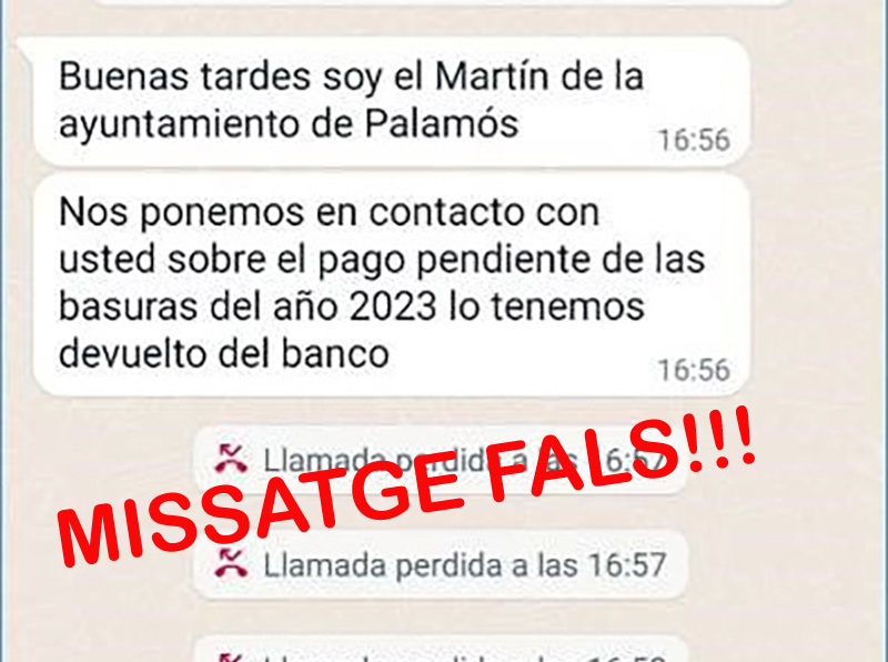 Intent d'estafa mitjançant WhatsApp suplantant l'Ajuntament de Palamós. (Font: Ajuntament de Palamós).