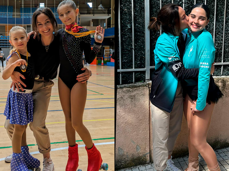 Les patinadores Beth Cairó, Arlet de Sanromà i Irina Causto amb l'entrenadora del club, Brisa Nogales. (Foto: Patinatge Club Palamós).