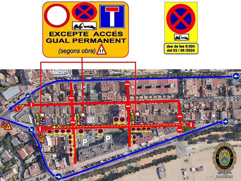 Plànol de l'àrea afectada per les obres i que impedeix la circulació i estacionament de vehicles. (Font: Ajuntament de Palamós).