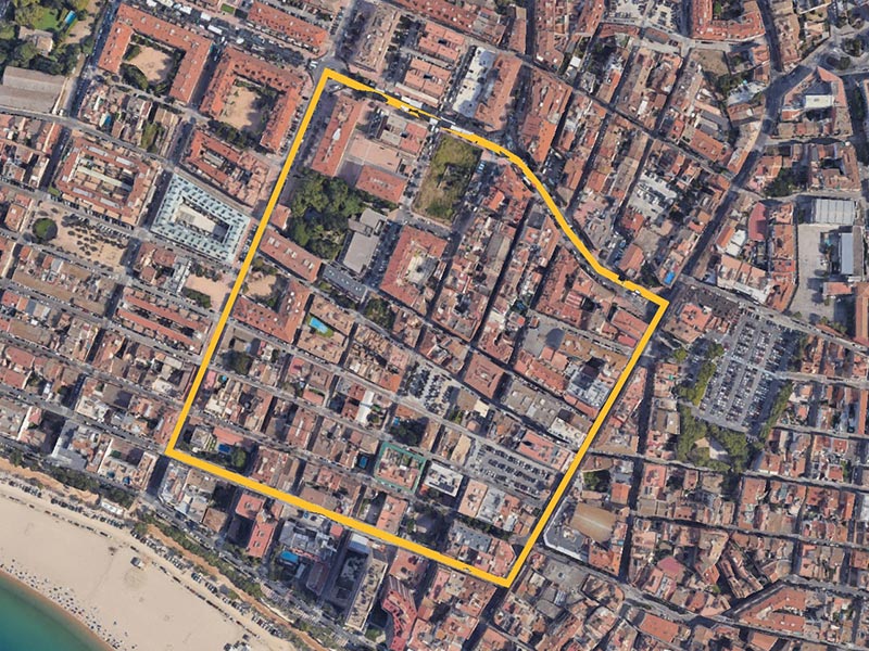El rectangle delimitat pels carrers d'Enric Vincke, López Puigcerver, Avda. 11 de Setembre i Avda. de Catalunya, seran zona vermella. (Google Earth).