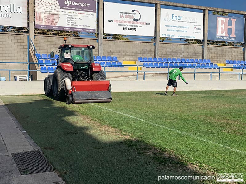 Dos operaris de l'empresa Royalverd fent les feines de sanejament de la gespa de l'Estadi, ahir a la tarda.