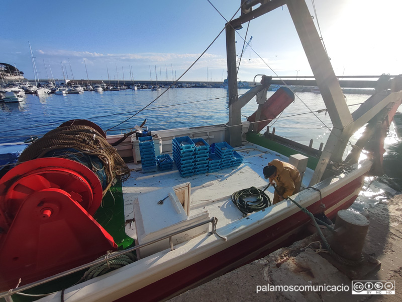 Una barca d'arrossegament de Palamós arribant ahir a port després de feinejar.