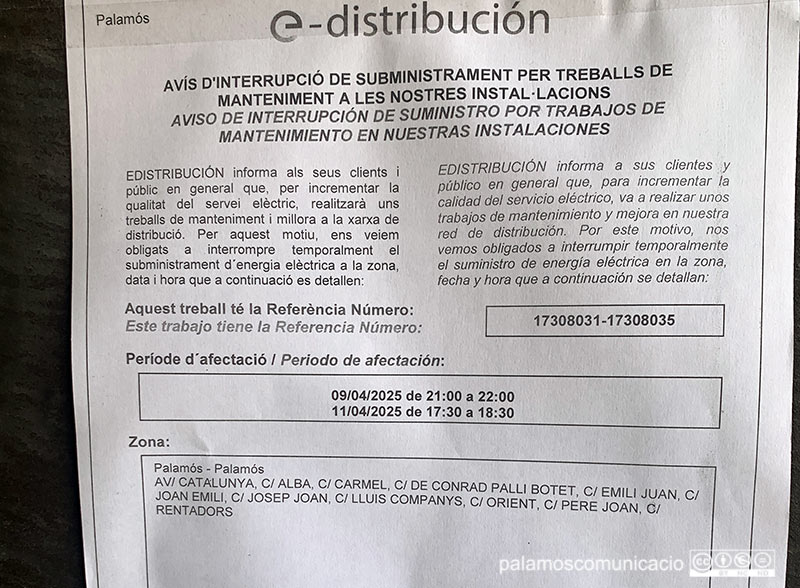 El primer tall es farà aquesta nit entre les 9 i les 10, i l'altre divendres, entre les 17:30 i les 18:30 hores.