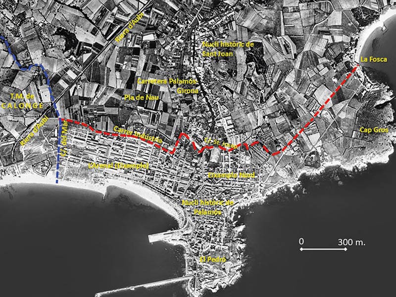 Trama urbana i límits municipals entre Sant Joan de Palamós i Palamós (1956). (Font: Autors estudi arran foto ICGC).