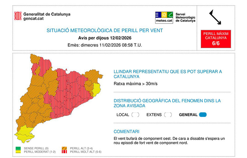 El Servei Metereològic de Catalunya alerta de fort vent a tot el país a partir d'aquesta matinada. (Font: Meteocat).