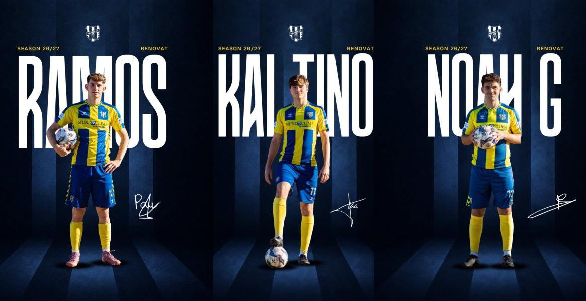 Pau Ramos, Kai i Noah jugaran una altra temporada amb el Degà. (Foto: Palamós CF - Laura Heras).