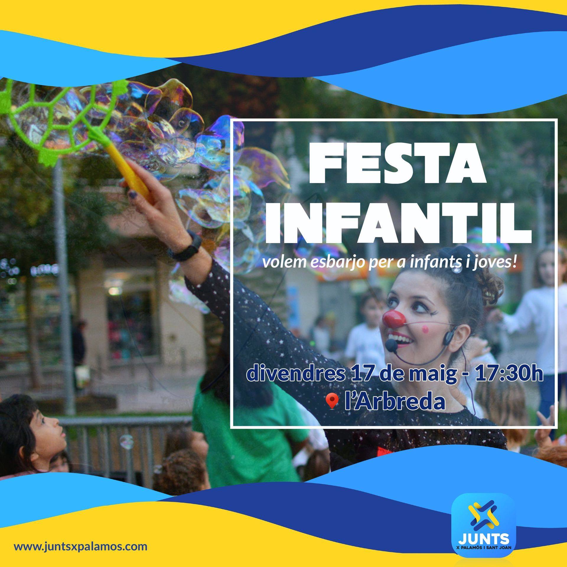 Cartell de la festa infantil que organitza Junts X Palamós i Sant Joan.